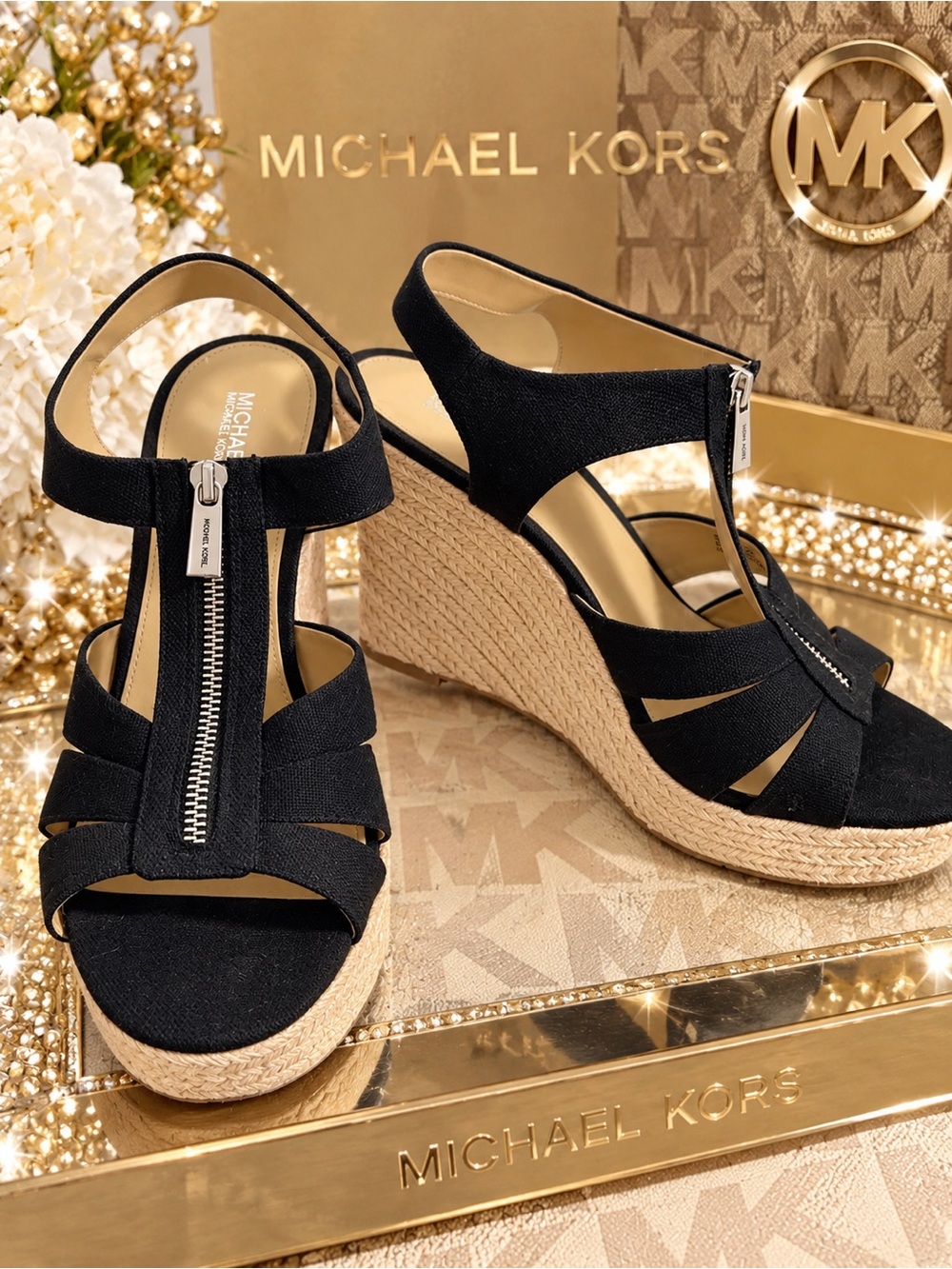 Michael Kors Black Canvas Espadrille Wedge Sandals with Front Zip